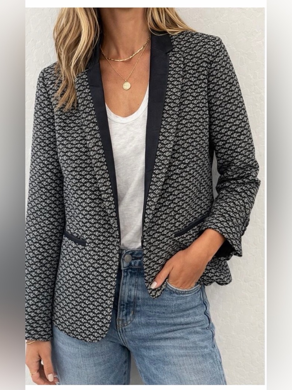 RAG & BONE Textured Blazer Jacket Black White Tweed Leather Trim Career | Size 8